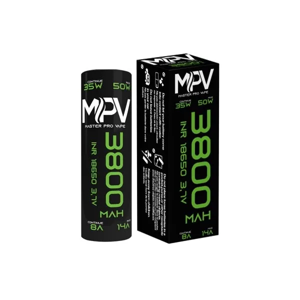 MPV 18650 battery in black, cylindrical shape, 20A discharge rate, 3800mAh capacity for high-performance vaping