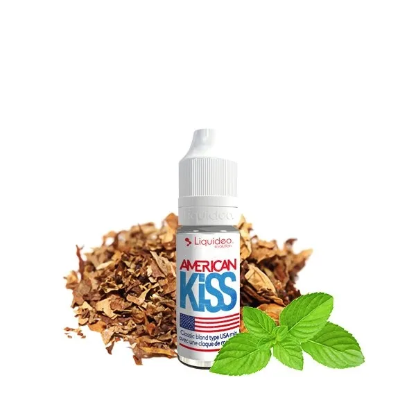 50ml bottle of American Kiss e-liquid by Liquideo, featuring a vibrant red label with a sleek, modern design