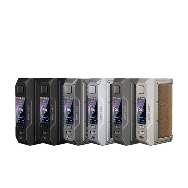 Sleek black and silver Lost Vape Thelema Q200 Pro MOD, features dual 18650 battery slots and 200W power capacity