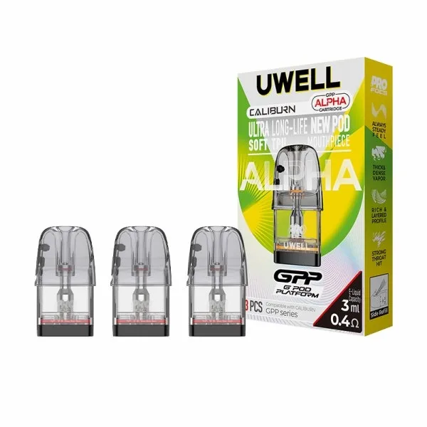 Uwell GPP Alpha replacement cartridges in clear plastic, available in 0.4, 0.6, and 0.9Ω, 3ml capacity, pack of 3