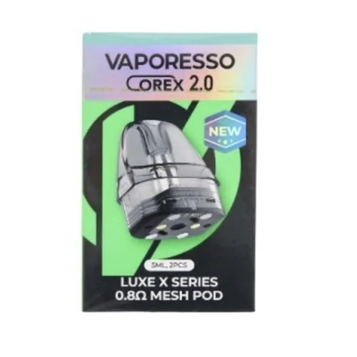 Vaporesso Luxe X cartridges in black, 5ml capacity, available in 0.4, 0.6, and 0.8Ω resistance, pack of 2