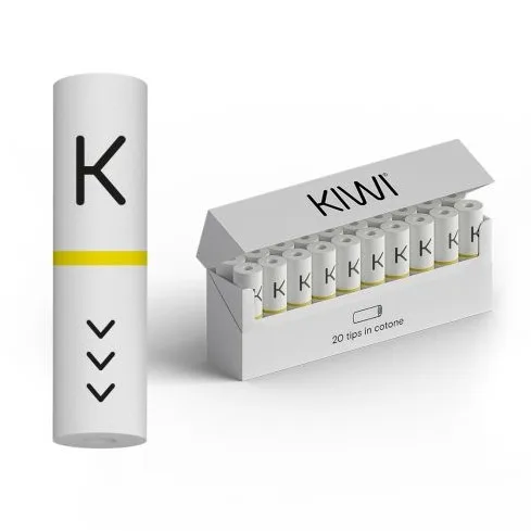 Pack of 20 KIWI vapor filters in a sleek cylindrical shape, designed for optimal airflow and filtration efficiency