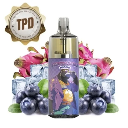 Tornado 10000 TPD Europe Gorilla Edition vape in vibrant blue and pink, featuring dragon fruit and blueberry ice flavor, 20mg nicotine