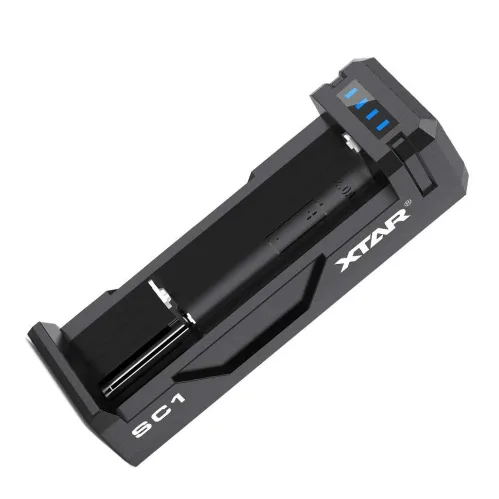 Compact black XTAR SC1 2A charger with a sleek design and LED indicator for efficient battery charging