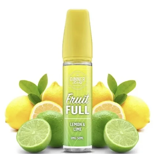50ml bottle of Dinner Lady Lemon & Lime e-liquid, featuring a vibrant yellow and green design with fruity flavor notes