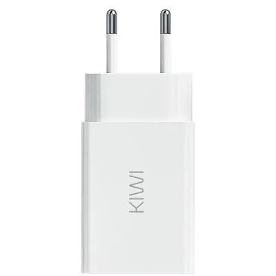 White wall charger with a compact design, specifically for charging Kiwi Pod devices, featuring a sleek KIWI logo