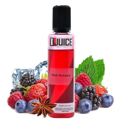 50ml bottle of Red Astaire e-liquid by TJUICE, featuring a vibrant red color with a sleek design and a fruity blend flavor