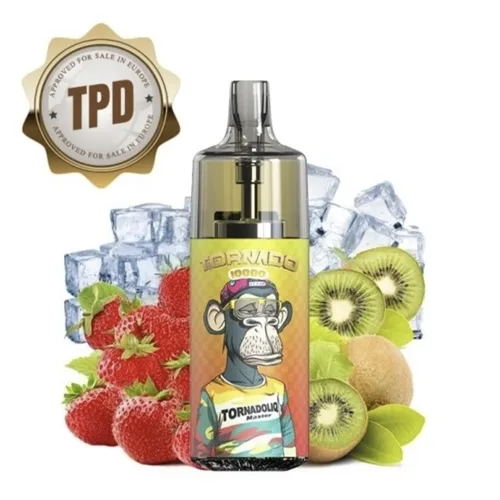 Tornado 10000 TPD Europe Mars Edition vape device in sleek black with strawberry kiwi ice flavor, 20mg nicotine strength
