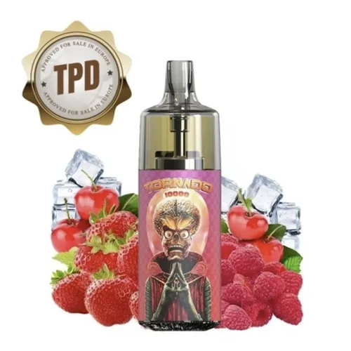 Tornado 10000 TPD Europe Mars Edition vape device in sleek black with strawberry, raspberry, and cherry ice flavor, 20mg nicotine