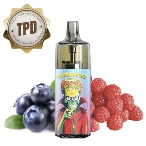 Tornado 10000 TPD Europe Mars Edition vape with a sleek design, featuring a vibrant blueberry raspberry flavor and bold blue accents