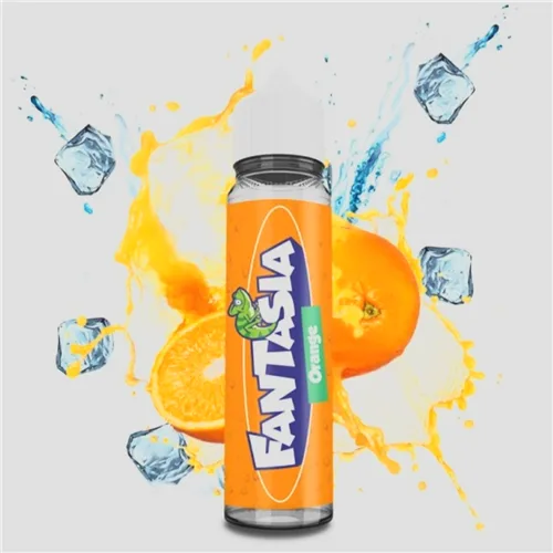 50ml bottle of orange-flavored e-liquid by Liquideo Fantasia, featuring a vibrant orange hue and sleek design