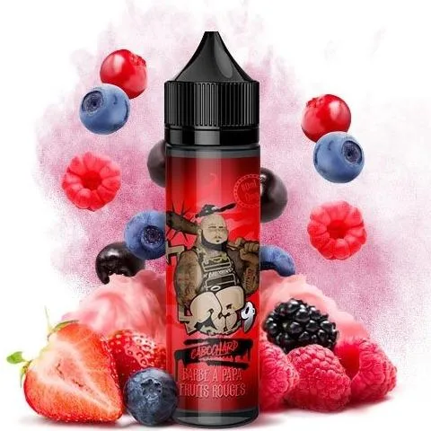 Cabochard à Papa Fruits Rouges 50ml, a vibrant red liquid in a sleek glass bottle, perfect for fruit-flavored vape enthusiasts