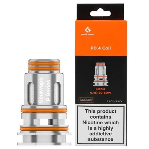 Geekvape P Coils in 0.2/0.4Ω, cylindrical shape, metallic finish, designed for enhanced vapor production and flavor