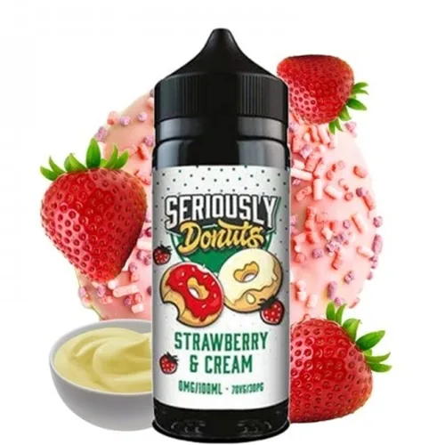 100ml bottle of Seriously Donuts e-liquid featuring a vibrant red and cream swirl design, delivering a strawberry and cream flavor