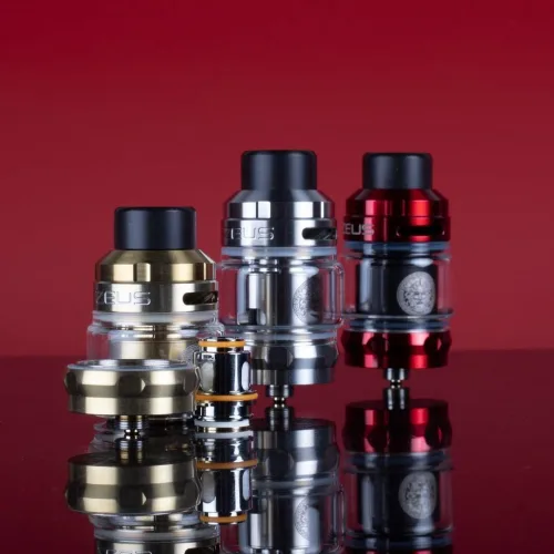 Black GeekVape Zeus Sub-Ohm atomizer with a sleek cylindrical shape and top airflow design for enhanced flavor and vapor production