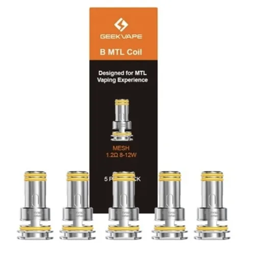Pack of 5 Geekvape B MTL Series coils in 0.8Ω and 1.2Ω, featuring a sleek cylindrical design for enhanced flavor production
