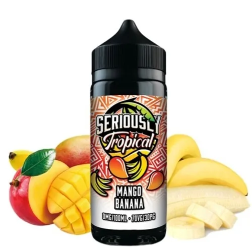 100ml bottle of Seriously Tropical e-liquid by Doozy, featuring a vibrant mango and banana blend in a sleek design