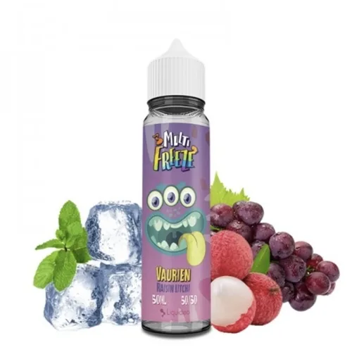 50ml bottle of Vaurien Litchi Raisin e-liquid by Liquideo, featuring a vibrant pink color and tropical fruit flavor profile