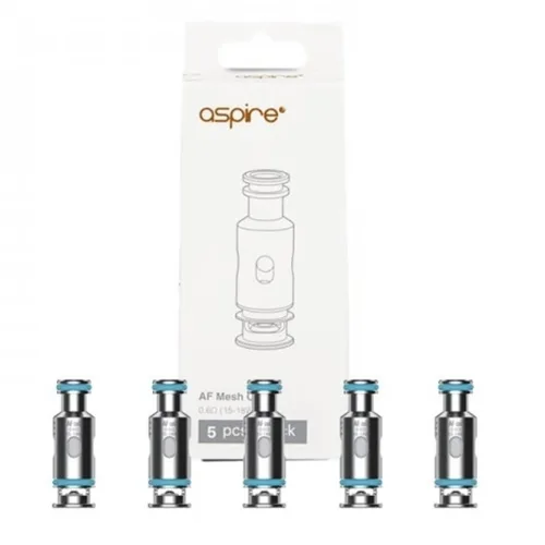 Aspire AF replacement coils in 0.4, 0.6, 0.8, and 1.0Ω, five-pack, featuring a sleek cylindrical design for optimal vaping performance