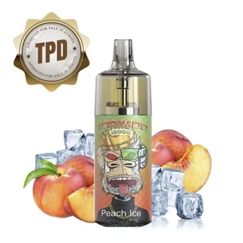 Tornado 10000 TPD Mars Edition vape in sleek black with peach ice flavor, featuring a compact design and 20mg nicotine strength