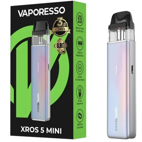 Compact VAPORESSO XROS 5 MINI in sleek black, featuring a 1500mAh battery and streamlined design for easy portability