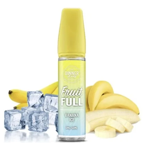 50ml bottle of Banana Ice 0mg e-liquid by Dinner Lady, featuring a vibrant yellow banana design with icy blue accents