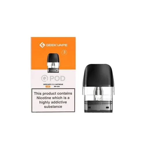 Geekvape Q series 3ml cartridges in clear plastic with varying resistance options of 0.6, 0.8, and 1.2Ω