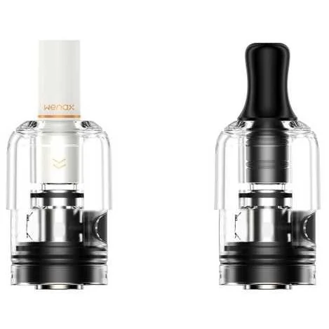 Two 2ml Wenax S cartridges in clear plastic, featuring 0.8 and 1.2 Ω resistance, designed for Geekvape devices