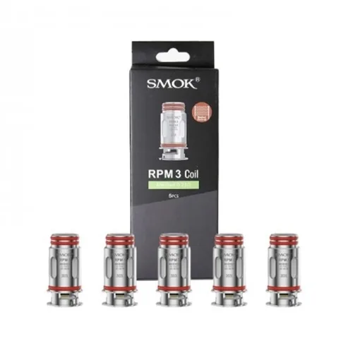 Five SMOK RPM3 meshed coils in 0.23 Ω, featuring a sleek cylindrical shape with a silver and black finish