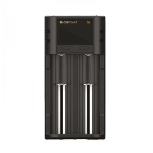 Sleek black Intelligent Charger D2 designed for e-cigarettes, featuring dual charging ports and LED indicator lights