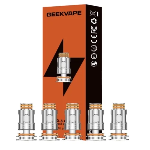 Five-pack of GeekVape B Series coils in varying resistances of 0.15Ω, 0.2Ω, 0.3Ω, 0.4Ω, and 0.6Ω, designed for optimal vaping performance