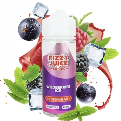 FIZZY Wild Berries Ice 100ml vape juice, featuring a vibrant purple bottle with icy berry graphics and no nicotine