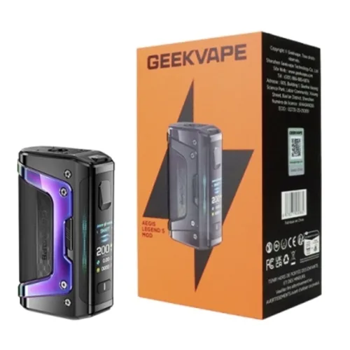 Geekvape Aegis Legend 5 box mod, rugged design in black and green, featuring adjustable wattage and durable construction