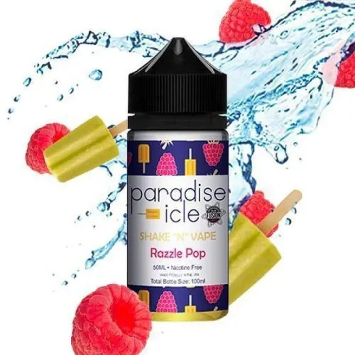 Bright red and blue Razzle Pop ice treat from Paradise Icle, shaped like a classic popsicle on a wooden stick
