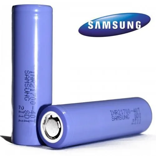 Samsung 40T 21700 battery in black, cylindrical shape, 4000mAh capacity, and 35A discharge rate for high-performance use