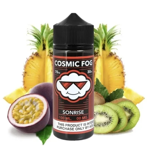 100ml bottle of Cosmic Fog Sonrise e-liquid, featuring a vibrant orange hue and a sleek, modern design