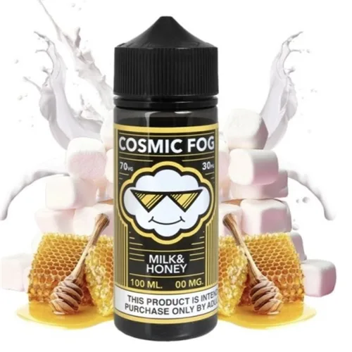 100ml bottle of Cosmic Fog Milk & Honey vape juice, featuring a sleek design with a honey-colored liquid inside