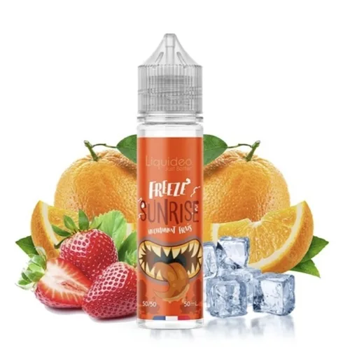 50ml bottle of Liquideo Freeze Sunrise e-liquid, featuring a vibrant orange color with a refreshing citrus flavor profile