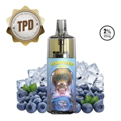 Tornado 10000 TPD Europe Blueberry Ice vape, sleek blue design, 20mg nicotine, features refreshing blueberry flavor